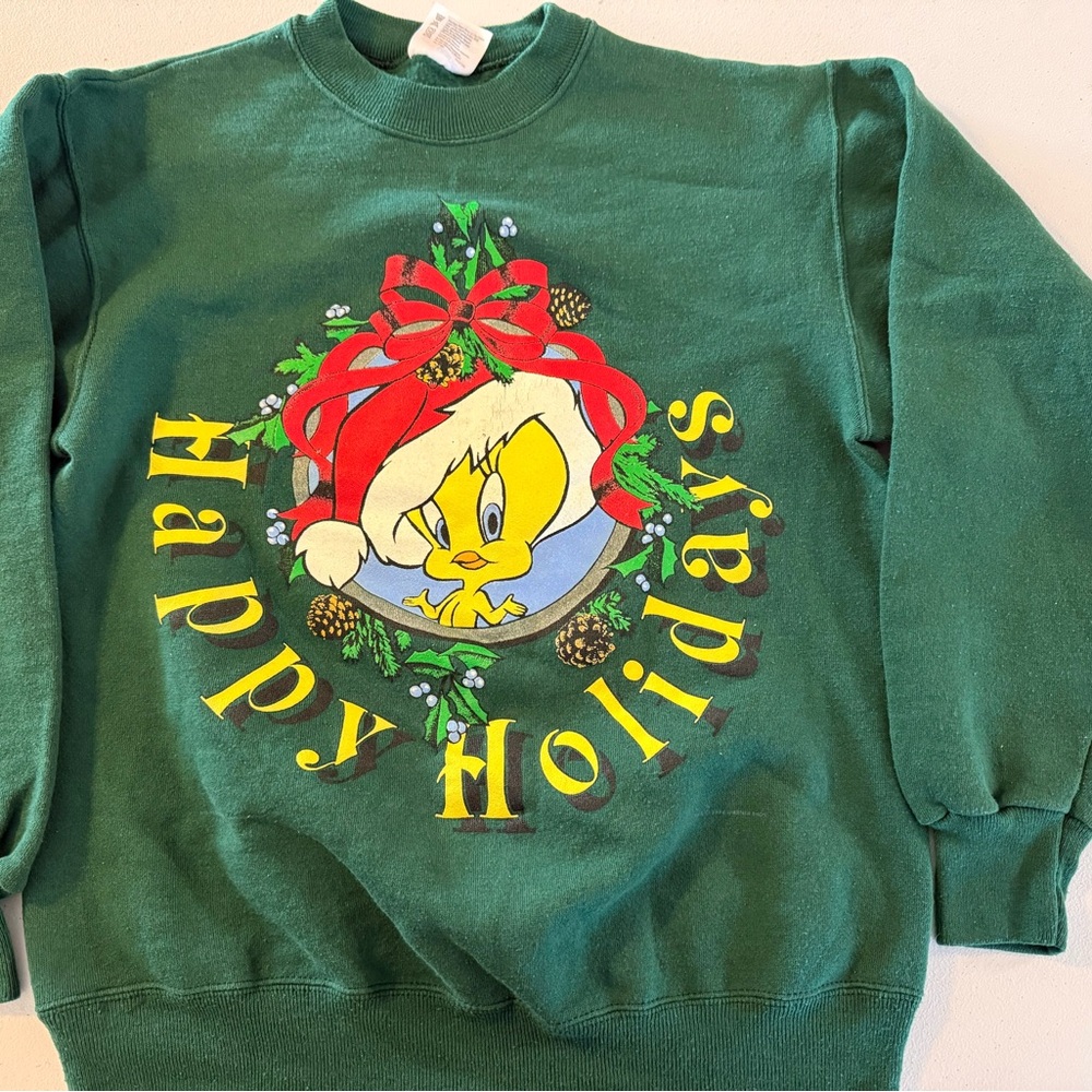 VTG 90s Hanes Unisex Tweety Crewneck Happy Holidays Christmas Sweater M Green